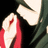 Pixelated close-up of a figure in red and white clothing with dark green accents, showing partial facial features against a black background.