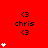 Red background with repeated black text '3 chris 3' and white heart stacks of varying heights.