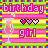 Pixelated birthday-themed icon with pink text, a champagne glass, and three hearts on striped background.
