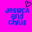 Pixelated blue text 'Jessica and Chris' on bright pink background with black heart symbol above left text.