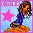 Pixel art contact sheet showing two frames of an animated buddy icon featuring a female character named Cynthia with brown hair, blue outfit, and orange platform shoes standing on coins against a light blue background with pink star.