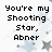 Pixelated text reads 'You're my Shooting Star, Abner' over a light blue and white background with faint star shapes.