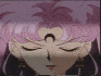 Anime character with purple hair and red eyes transitions from closed to open eyes while hands move near face.