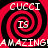 Four identical red and black spiral patterns with white text reading "CUCCI IS AMAZING!" arranged in a on a black background