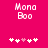 Pixelated text 'Mono Boo' on bright pink background with five heart symbols below, two versions showing slight animation differences.