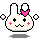 Pixel art bunny with pink bow, black eyes, red plus cheeks, and white paws on gray background; four variations show mouth and eye changes.