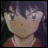 A 48x48 pixel buddy icon featuring a split composition with an anime character on the left and text elements on the right against a black background.