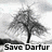 Pixelated grayscale image of a tree with dense foliage against a light background, featuring bold text at the bottom reading "Save Darfur".