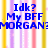 Pixelated blue text on a striped background with vertical yellow, purple, and pink lines.