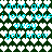 A pixelated image with cyan text over a heart-patterned background, showing repeated phrases and color variations.