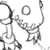 Static grayscale pixel art of two stick-figure characters with one holding a circular object, rendered in low-resolution 256x256 pixels on white background.
