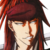 Pixelated portrait of a person with long red hair and a dark red headband, closed eyes, and a neutral expression against a light gray background.