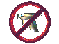 A red prohibition symbol with a silver handgun inside, transitioning through various circular and elliptical border styles and rotation angles.