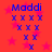 Red background with pink stars, blue 'Maddi' text above a blue 'X' pattern that changes size across frames.