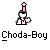 Pixelated icon of a figure in white attire with red accents, standing on a gray background beneath text reading 'Choda-Boy'.