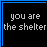 Pixelated text-based animation with blue borders, displaying sequential phrases about shelter and rain in a