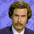 A pixelated animated buddy icon featuring a man with brown curly hair and mustache in a dark suit against a blue background, with text reading "ANCHORMAN THE LEGEND OF RON BURGUNDY" on the right side.