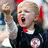 A child in a black shirt with red and white accents raises their right fist while shouting, captured across three showing slight motion
