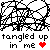 A black-and-white pixelated contact sheet showing two identical frames of a text-based animation with red accents, featuring tangled line art above repeated text and a heart symbol.