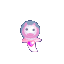 Pixelated character with pink face and blue hair floats against gray background, holding white crescent shape with pink heart symbol.