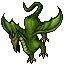 Green pixelated dragon with orange eyes, wings spread wide and tail curled upward in two distinct poses against a gray background.