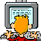 Pixelated character with orange hair in red shirt typing on gray keyboard, viewed from behind at gray computer monitor with blue screen displaying black text blocks.