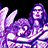 Pixelated image of a figure with long purple hair, white clothing, and raised hands against black background.