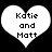 Two white heart-shaped icons with black pixelated text reading "Katie and Matt" on a solid black background, displayed side-by-side.