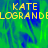 Pixelated yellow text 'KATE LOGRANDE' repeated across a green and blue abstract background with a gray rectangular overlay on the right.
