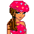 Pixelated character in pink floral outfit with three views showing head, torso, and legs against white background.