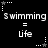 Black background with white pixelated text 'Swimming = life' repeated in two , each containing three identical text blocks with star-shaped pixel decorations above and below