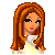 Pixel art of a female character with long orange hair, wearing a white dress and black floral patterns on the sleeves. The image shows three views: full body, upper body, and legs.