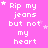 Pixelated text on a pink background with scattered white stars, displaying 'Rip my jeans but not my heart' in a repeating pattern.