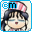 Pixelated anime-style girl with dark hair and pink headband, wearing striped shirt; blue border with 'em' text in top-left corner.