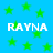 Blue background with green stars and four instances of the text 'RAYNA' in white pixelated font.