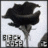 Black flower-like shape with dark gray stem on light gray background, pixelated text below.