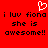 Red background with white pixelated heart symbol above black text reading "i luv fiona i luv fiona she is awesome!!" repeated twice.