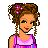 Pixel-art character with brown curly hair styled in buns, green eyes, pink star accessories, and a purple-pink top with dark blue pants featuring pink stars.