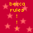 Red background with pink stars and yellow text reading 'becca rules !' repeated in two vertical