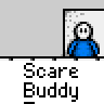 Animated contact sheet of a pixel art buddy icon showing sequential frames of two blue stick figures interacting with door and speech bubble effects.