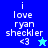 Pixelated text 'i love ryan checkler <3' with a star symbol on blue and cyan backgrounds.