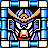 Pixelated character with blue and orange armor, white accents, and raised arms against a black background with blue-and-white elements