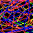 A 48x48 pixel animated icon featuring chaotic neon line patterns in red, blue, green, and yellow against a black background with visible transparency grid artifacts.