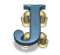 Blue stylized letter J with golden circular accents on a gray background, displayed in six positions
