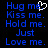 Blue pixelated text on black background with a white heart symbol replacing the 'o' in 'Hug me' on the left side.