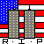 Pixelated graphic of two gray skyscrapers with yellow windows against a red-and-white striped background and blue field with white dots.