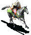 A rider on a dark horse in motion, wearing green and pink gear with orange accents, against a gray background.