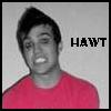 A grayscale portrait of a person with dark hair wearing a red shirt, with the text 'HAWT' in bold black letters on the right side.