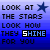 A contact sheet of five animated frames showing a blue gradient background with repeated text "LOOK AT THE STARS LOOK HOW THEY SHINE FOR YOU" and star symbols, where the word "SHINE" alternates between black-and-white and light-blue coloring across frames.