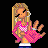 Pixel art contact sheet showing a blonde cartoon character in pink checkered outfit with hand gesture, alongside partial text fragments on pink backgrounds.